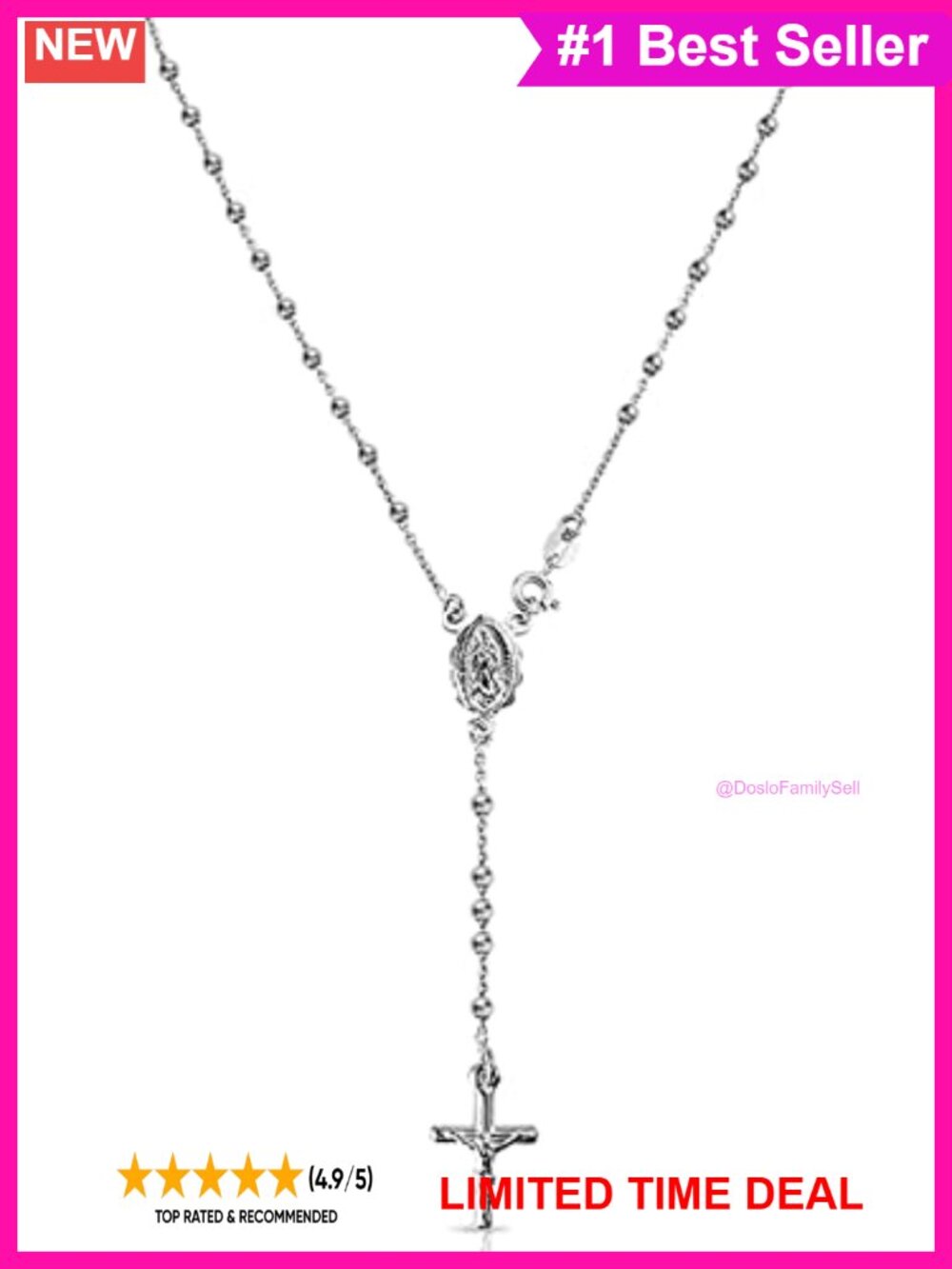 925 Sterling Silver Italian Bead Chain Cross Rosary Virgin Mary Y Necklace